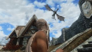 Best Skyrim mods — a beggar flees indoors with a newfound survival instinct granted by the Immersive Citizens mod.
