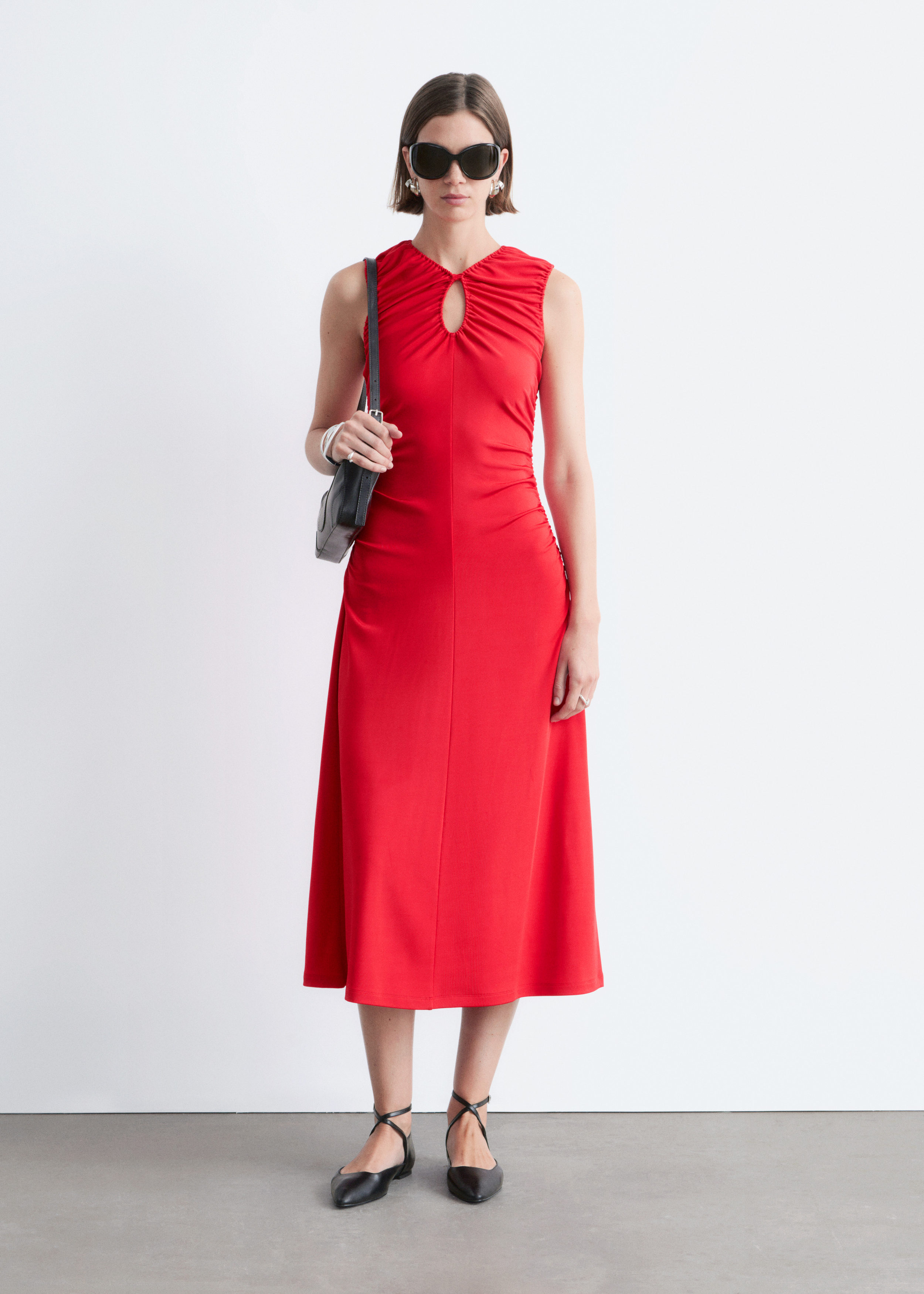 Ruched Keyhole-Neck Midi Dress