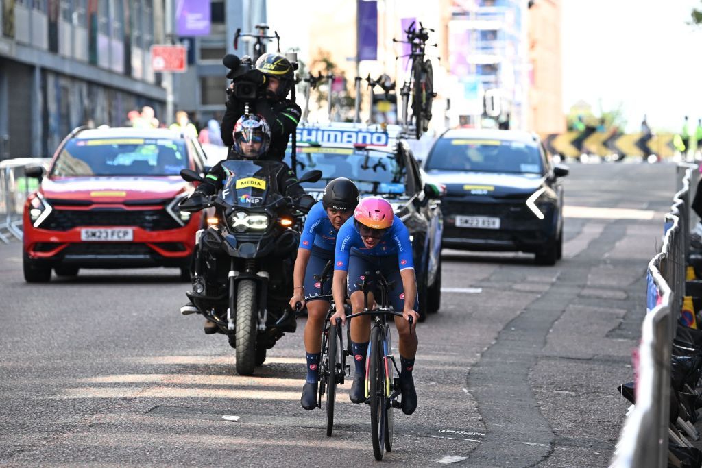 Riders from Italy take part in the Team Time Trial Mixed Relay road race during the UCI Cycling World Championships in Glasgow Scotland on August 8 2023 Photo by Oli SCARFF AFP Photo by OLI SCARFFAFP via Getty Images