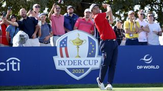 Scottie Scheffler takes a shot during a practice session before the Ryder Cup at Marco Simone