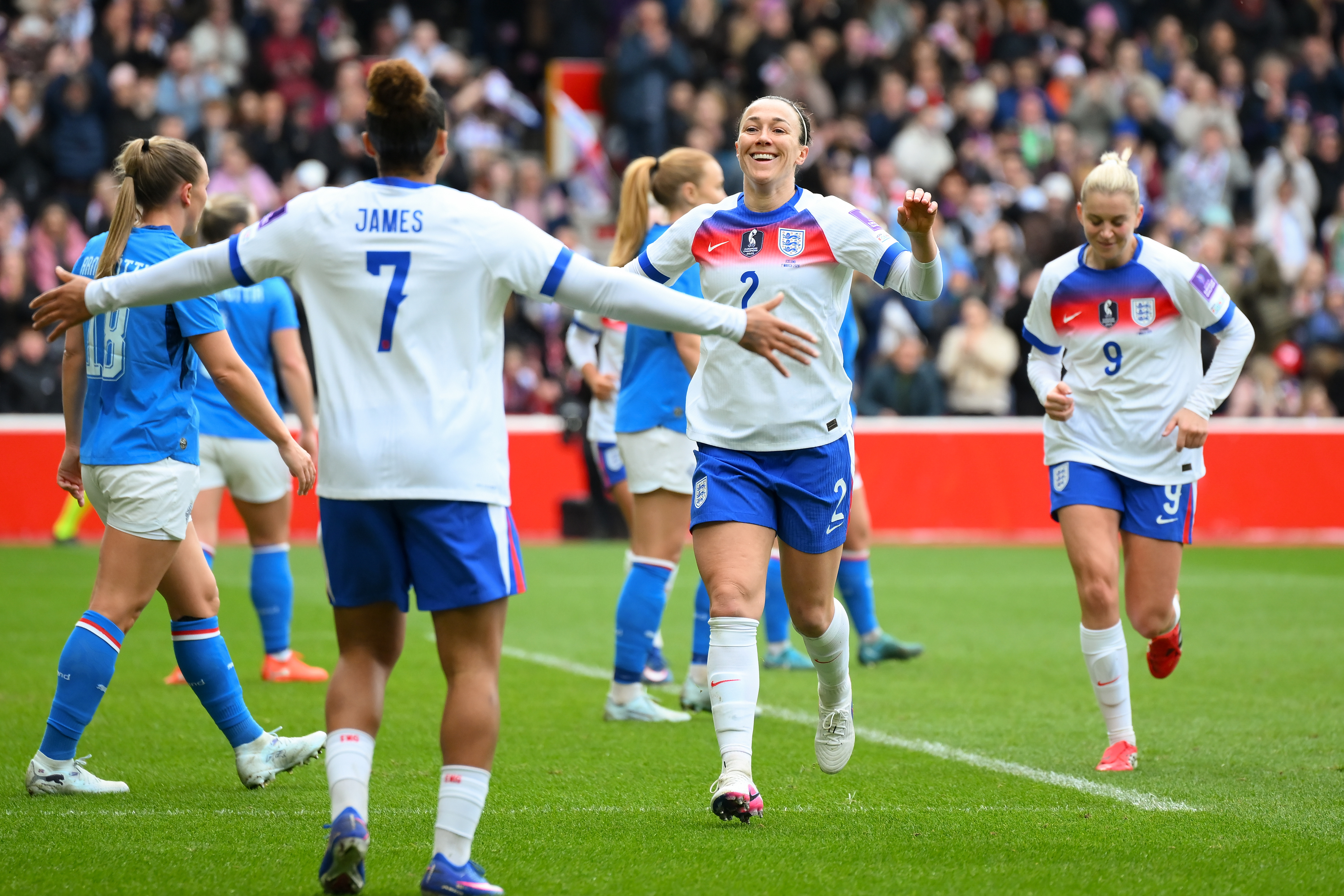 Lucy Bronze celebrates after scoring a goal to make it 1-0 during the FIFA Women's World Cup Group 3 Qualifying match between England and Iceland at the City Ground in Nottingham on March 7, 2026. 