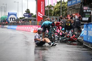SALERNO ITALY MAY 10 LR Mark Cavendish of The United Kingdom and Astana Qazaqstan Team after being involved in a crash in the final sprint and Gianni Moscon of Italy and Astana Qazaqstan Team during the 106th Giro dItalia 2023 Stage 5 a 171km stage from Atripalda to Salerno UCIWT on May 10 2023 in Salerno Italy Photo by Stuart FranklinGetty Images