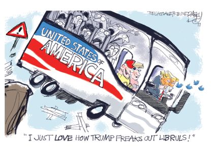 Political Cartoon U.S. Trump America Twitter Tweets Conservative Liberal