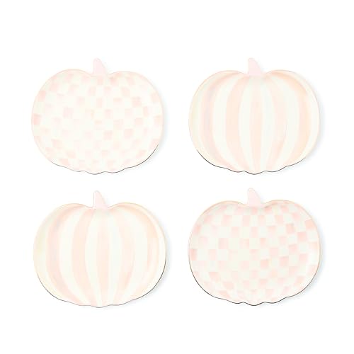 Mackenzie-Childs Set of 4 Ceramic Dessert Plates, Decorative Dishes, Pumpkin, Pink-And-White Rosy Check