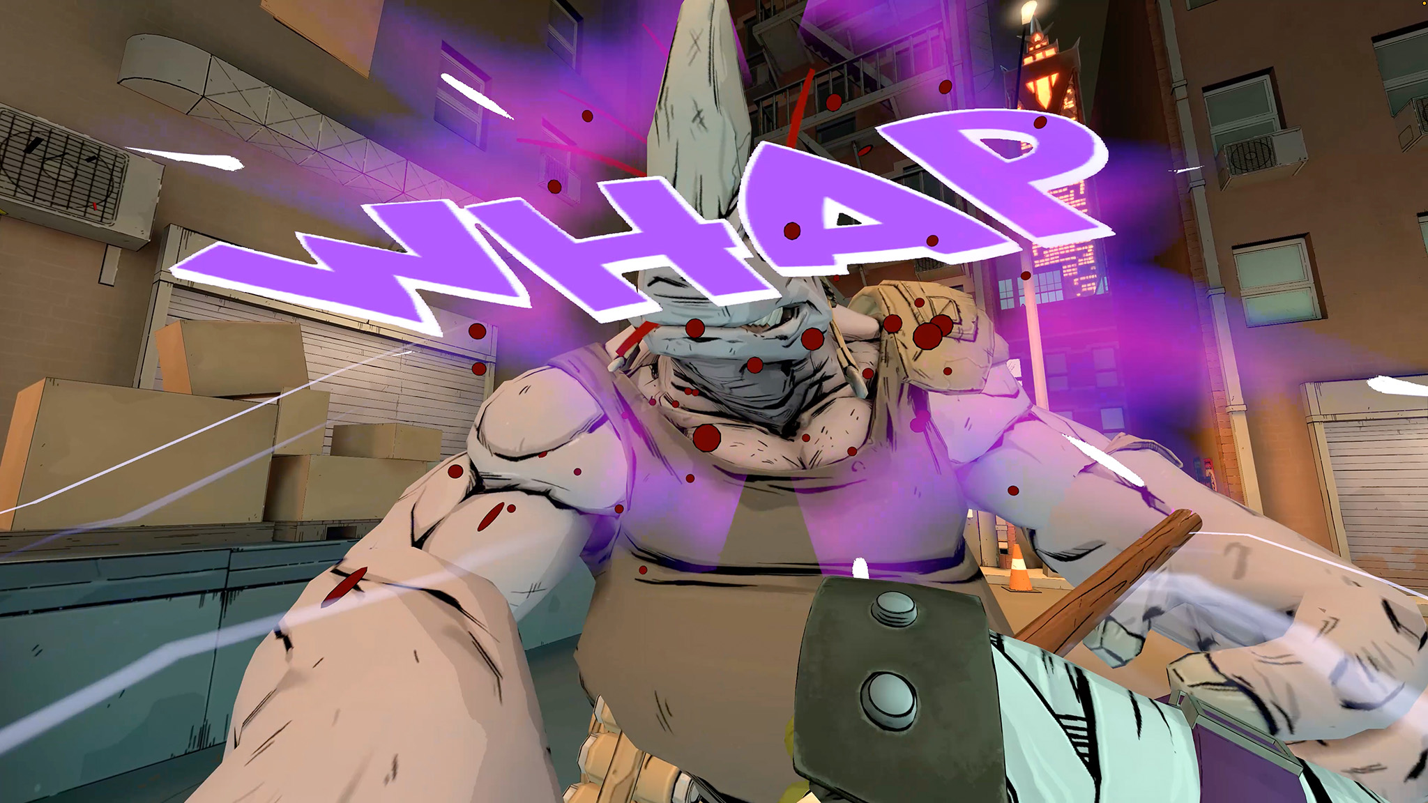 An official screenshot of TMNT: Empire City for Meta Quest showing Rocksteady getting beat up