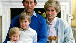 Prince Charles, Prince of Wales and Diana, Princess of Wales at home in Kensington Palace, London, with their sons Prince William and Prince Harry (left), December 1986