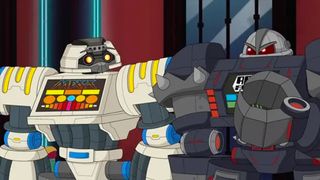 A still from RoboForce: The Animated Series of two robots looking at each other. 