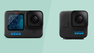 The fronts of the GoPro Hero 11 Black (left) and the GoPro Hero 11 Mini