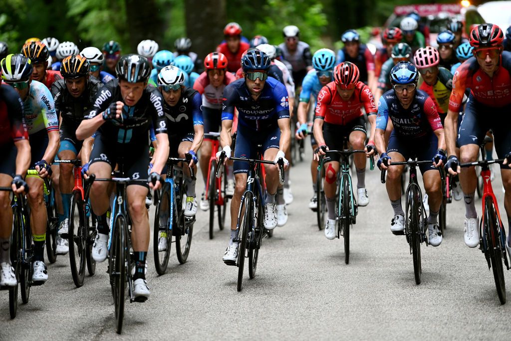 MELFI ITALY MAY 08 LR Damiano Caruso of Italy and Team Bahrain Victorious Thibaut Pinot of France and Team Groupama FDJ and Domenico Pozzovivo of Italy and Team Israel Premier Tech compete during the 106th Giro dItalia 2023 Stage 3 a 213km stage from Vasto to Melfi 532m UCIWT on May 08 2023 in Melfi Italy Photo by Tim de WaeleGetty Images