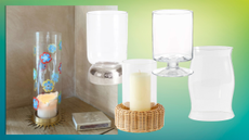 decorated candle hurricane next to hurricanes of different styles on a colorful background