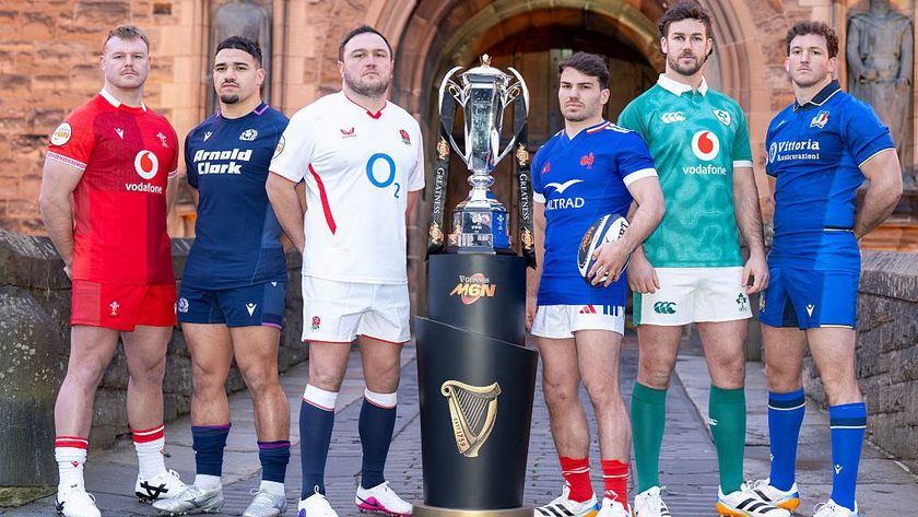 Wales' Dewi Lake, Scotland's captain Sione Tuipulotu, England's Jamie George, France's Antoine Dupont, Ireland's Caelan Doris, and Italy's Michele Lamaro pose with the Six Nations trophy ahead of the 2026 tournament.
