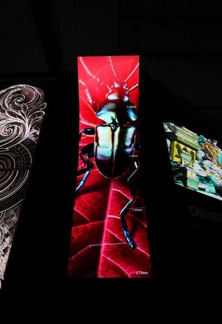 A tall, slightly bent LED video wall displays an image of a beetle on a trade show booth.