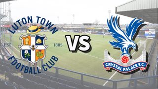 The Luton Town and Crystal Palace club badges on top of a photo of Kenilworth Road stadium in Luton, England