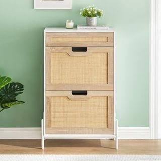 Idealhouse Natural Rattan 2 Flip Door With 1 Drawer Shoe Cabinet Organizer Freestanding, Shoe Rack Storage Cabinet for Entryway With 3-Tier Adjustable Shelves for Slippers, Sneakers, Heels, Boots