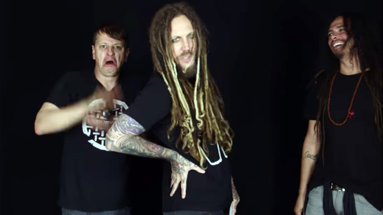 A still from the video in which Korn scream pop songs in a heavy metal style