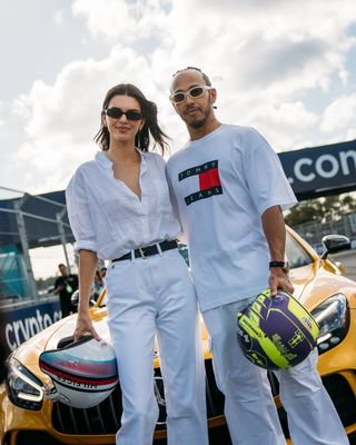 Kendall Jenner poses with Louis Hamilton at the Miami Grand Prix
