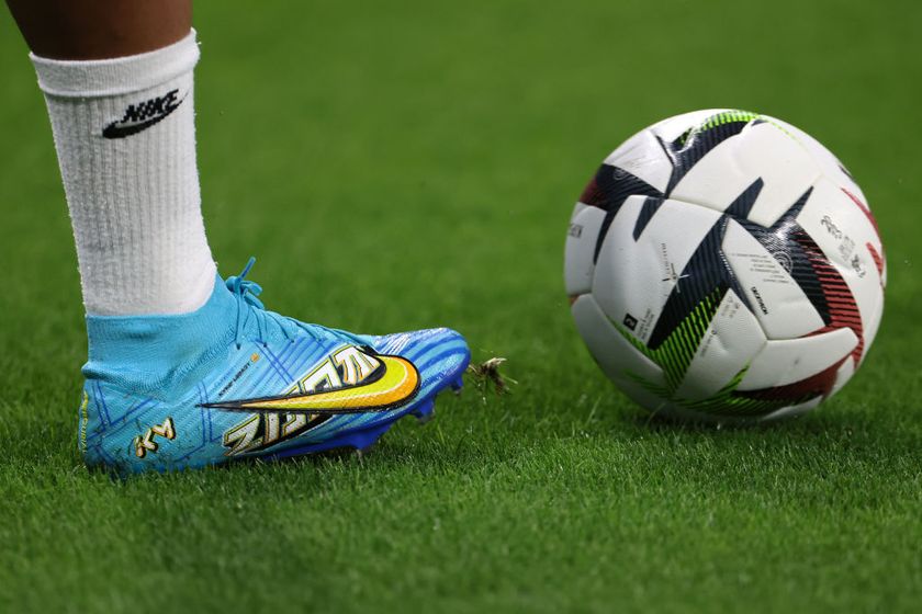 Details of Kylian Mbappe of PSG&#039;s personalised Nike Mercurial boots are seen during the warm up prior to the Ligue 1 Uber Eats match between Olympique Lyonnais and Paris Saint-Germain at Groupama Stadium on September 03, 2023 in Lyon, France