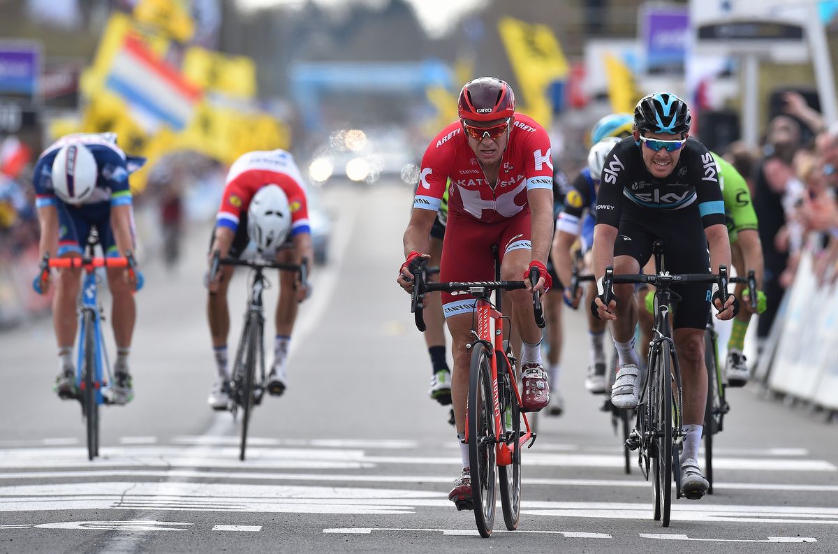 Dimitri Claeys (Wanty-Groupe Gobert), far left, sprints for ninth