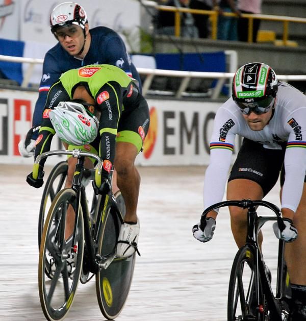 Maximilian Levy (Germany) wins his first round keirin heat.
