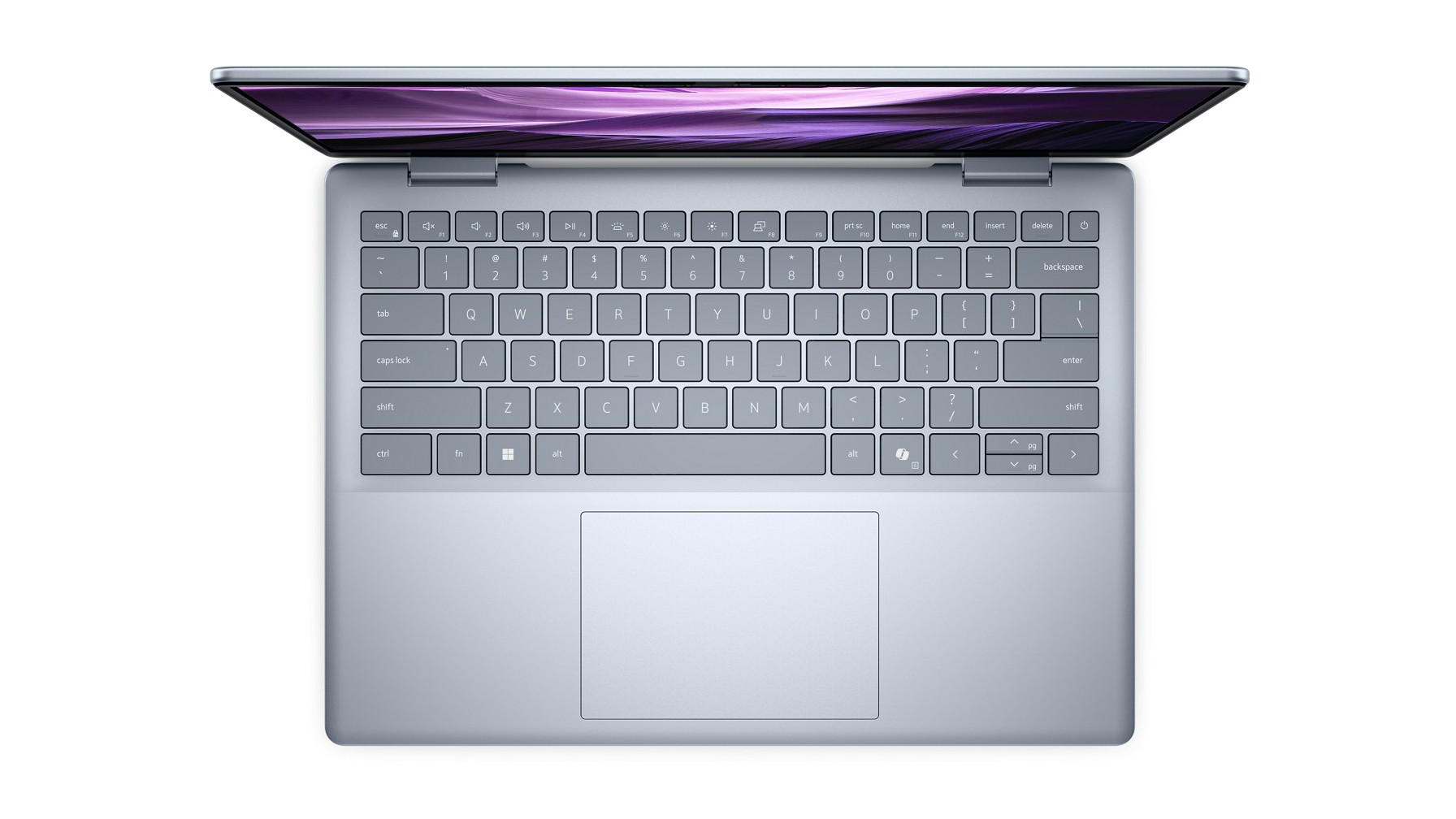 Dell Plus Laptop in silver viewed from above, showing keyboard and trackpad