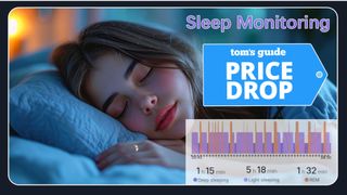 A woman sleeping in blue lit room wearing gold FKGZJF smart ring overlaid by sleep graph and Tom's Guide price drop logo