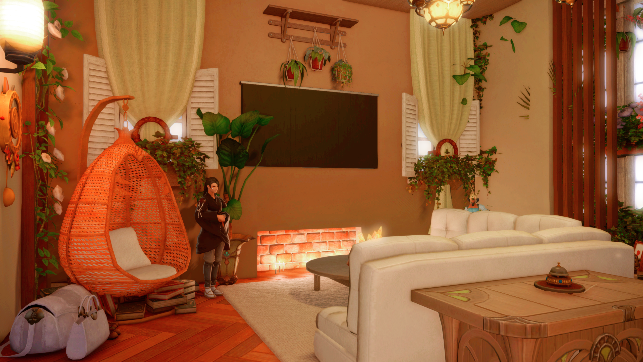 Final Fantasy 14 housing, living area with a TV made from fireplaces