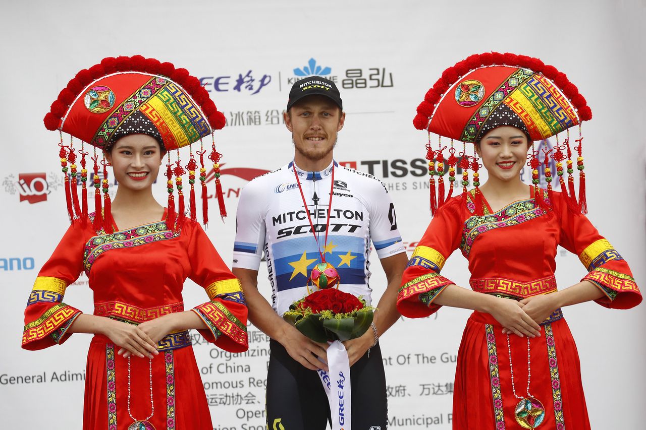 Matteo Trentin on the podium