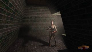 A zombie rounds a corner in Thief: The Dark project, projecting a shadow across the ground.