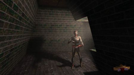 A zombie rounds a corner in Thief: The Dark project, projecting a shadow across the ground.