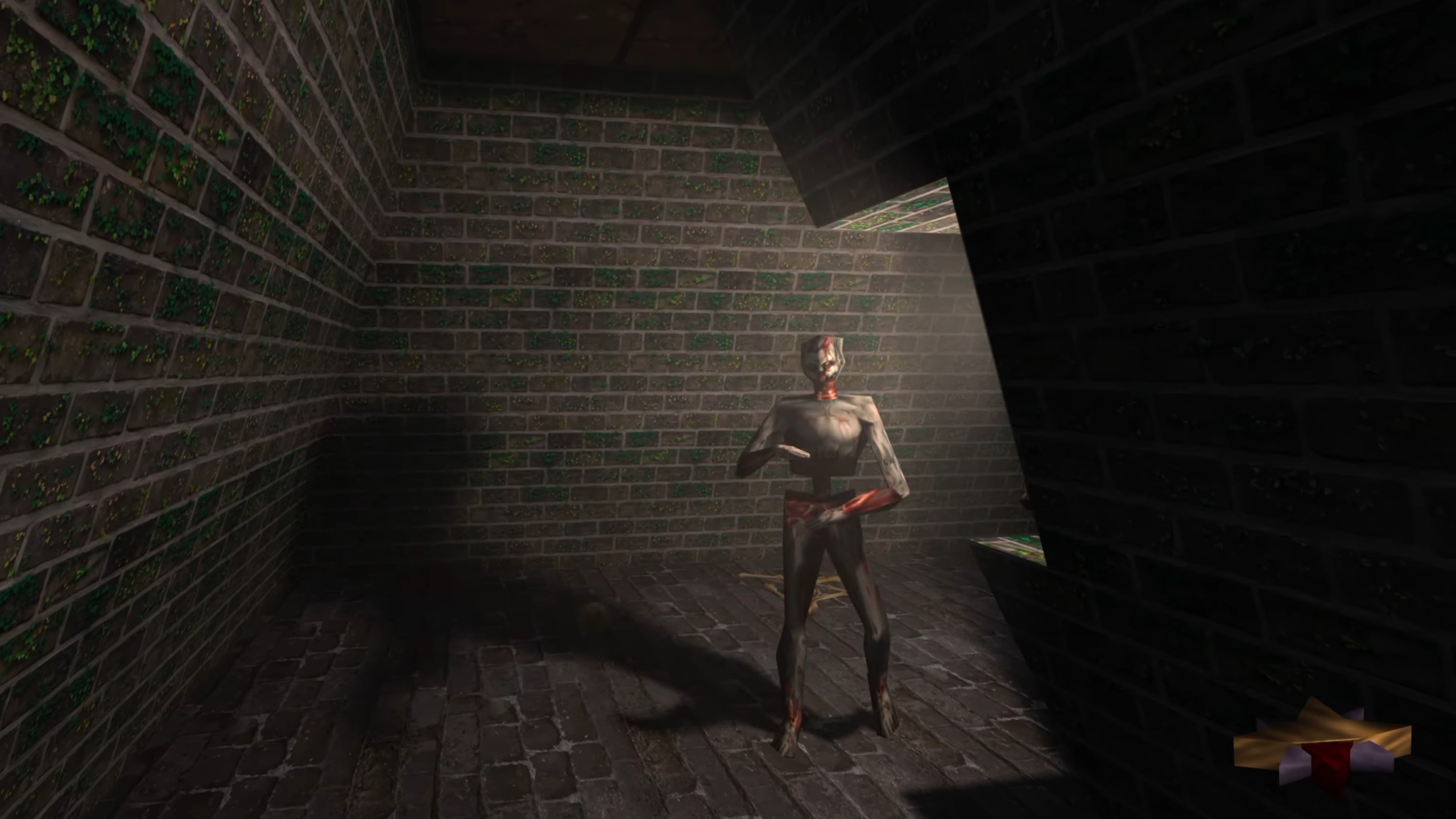 A zombie rounds a corner in Thief: The Dark project, projecting a shadow across the ground.