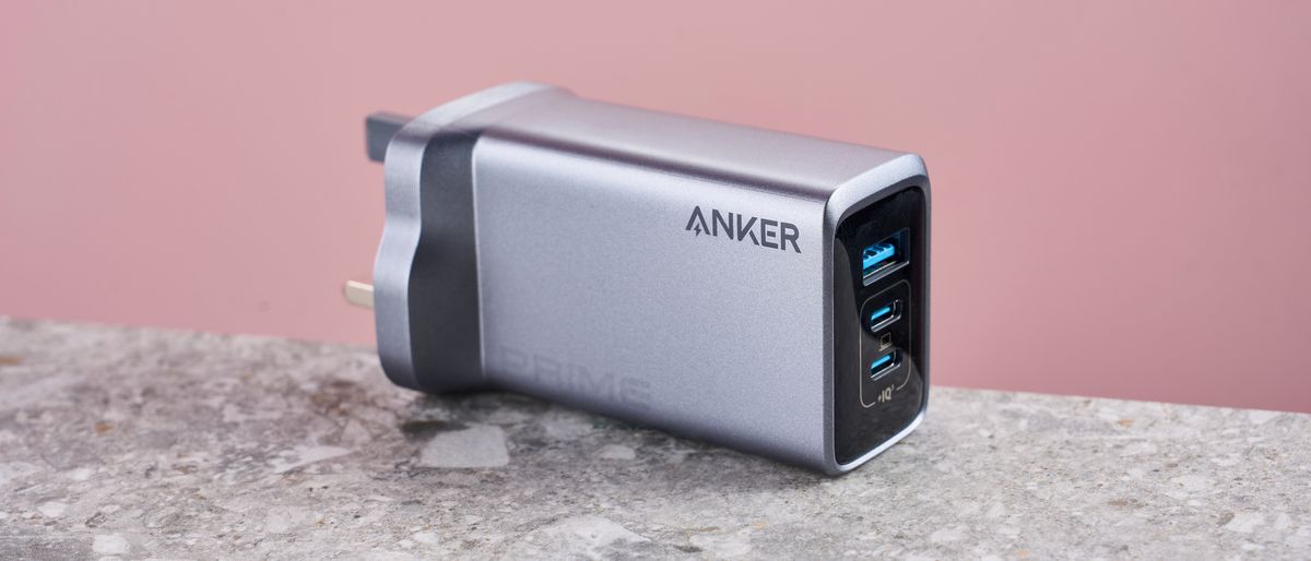 Anker Prime 100W GaN Wall Charger (3 Ports) on stone surface