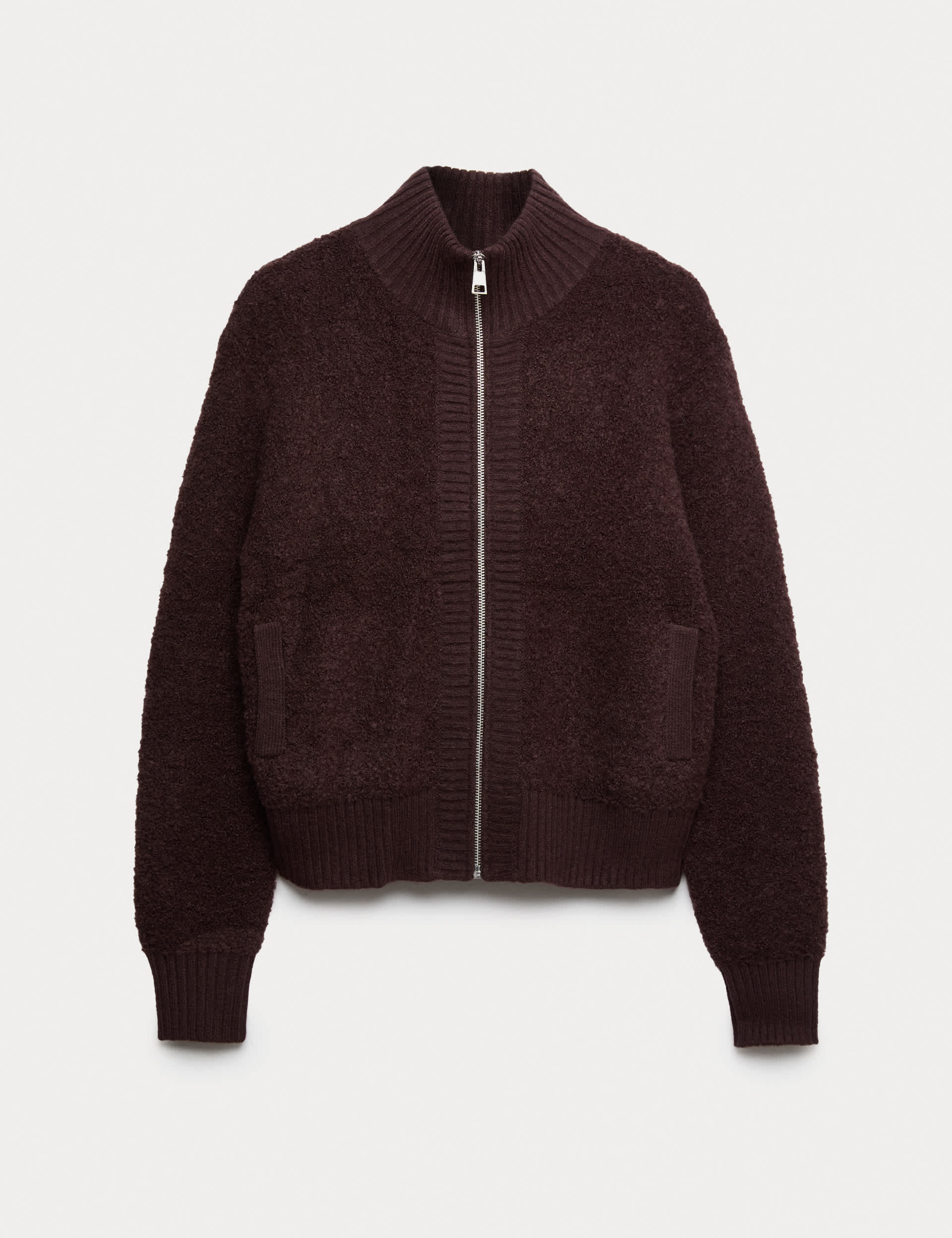 Boucle Funnel Neck Bomber Cardigan With Wool