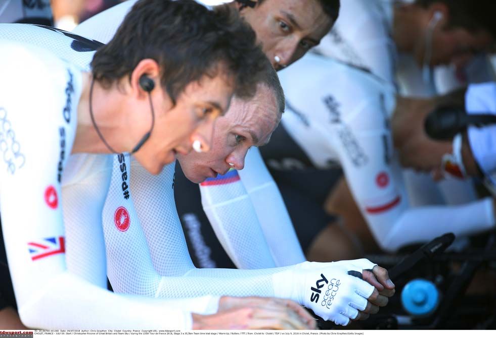Geraint Thomas (Team Sky) warms up with Chris Froome to his left