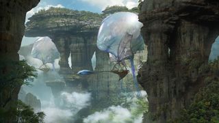 Official concept art for the movie Avatar: Fire and Ash. A strange flying craft is making it's way though a floating islands. It's a large balloon with 2 wings either side is carrying a ship-like object.