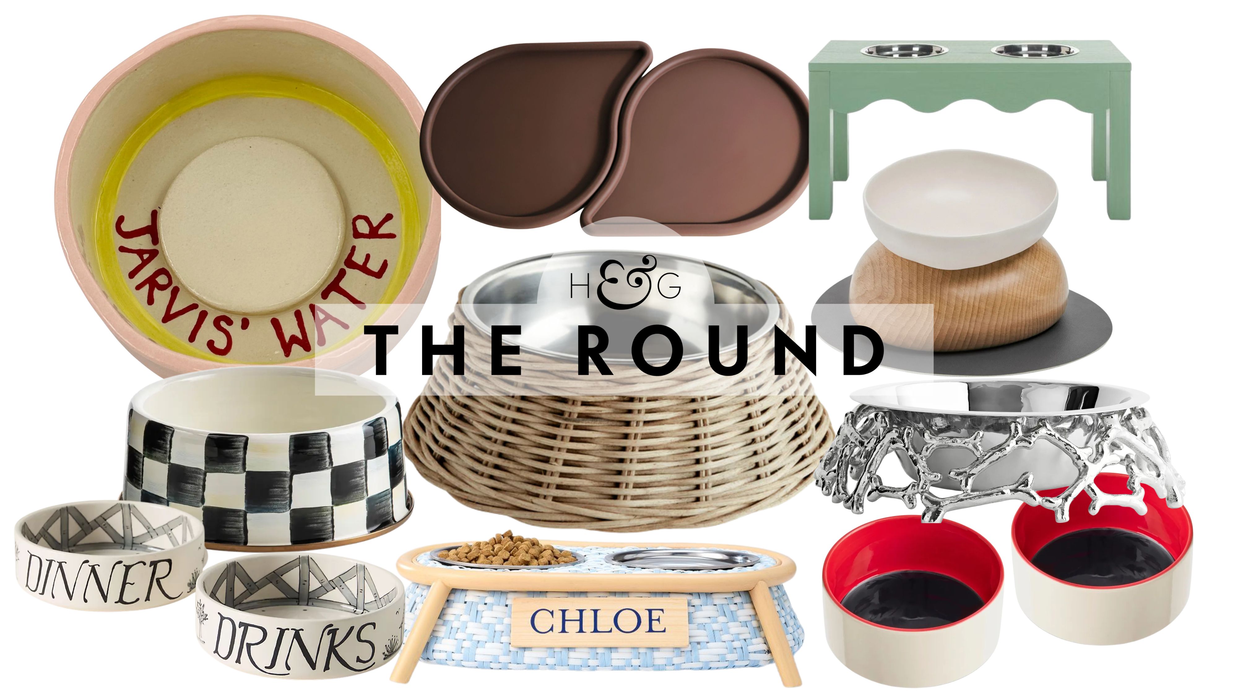 Stylish dog bowls and dining accessories pictured against a white background