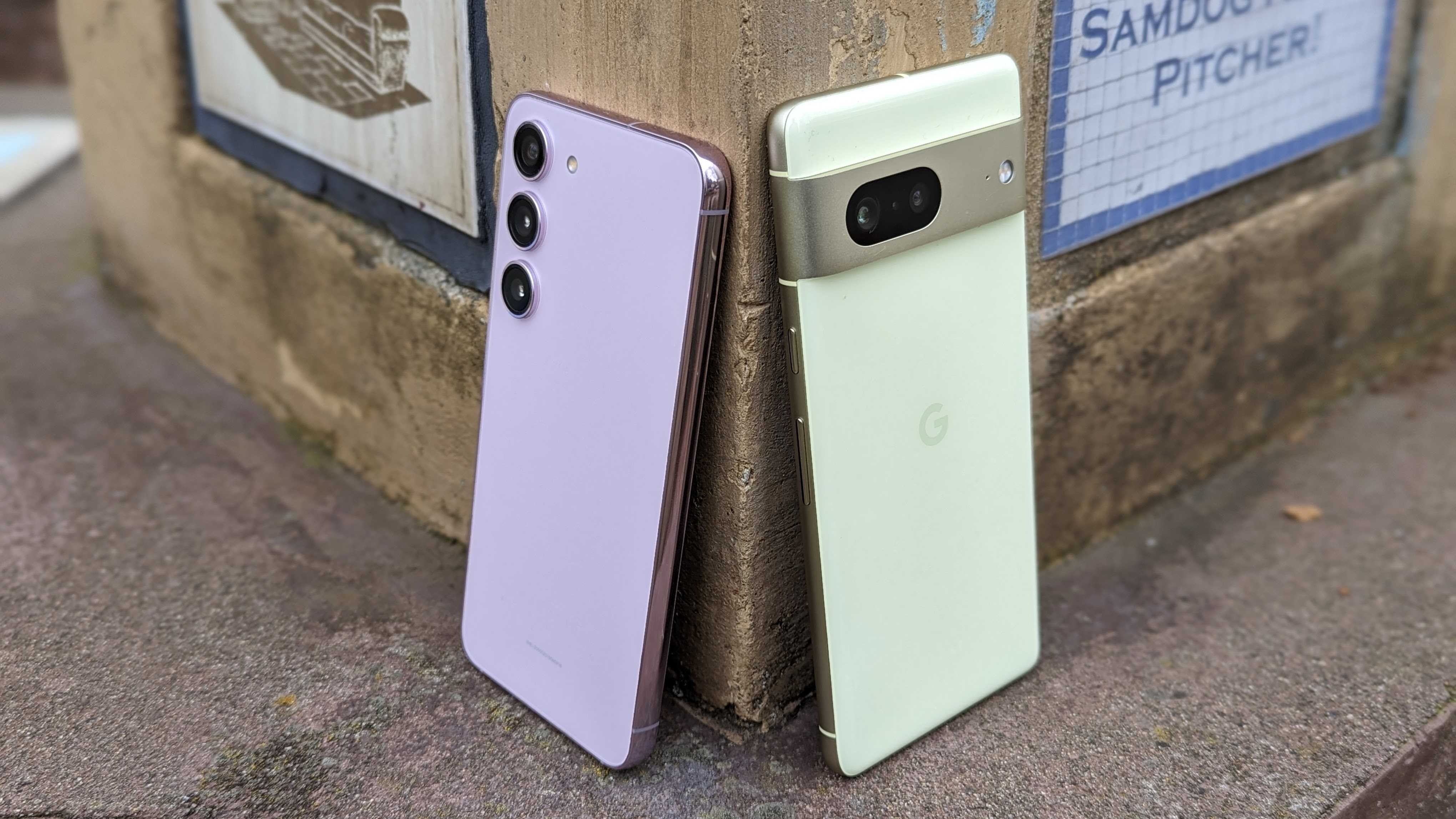 The Galaxy S23 and Pixel 7 next to each other on a corner