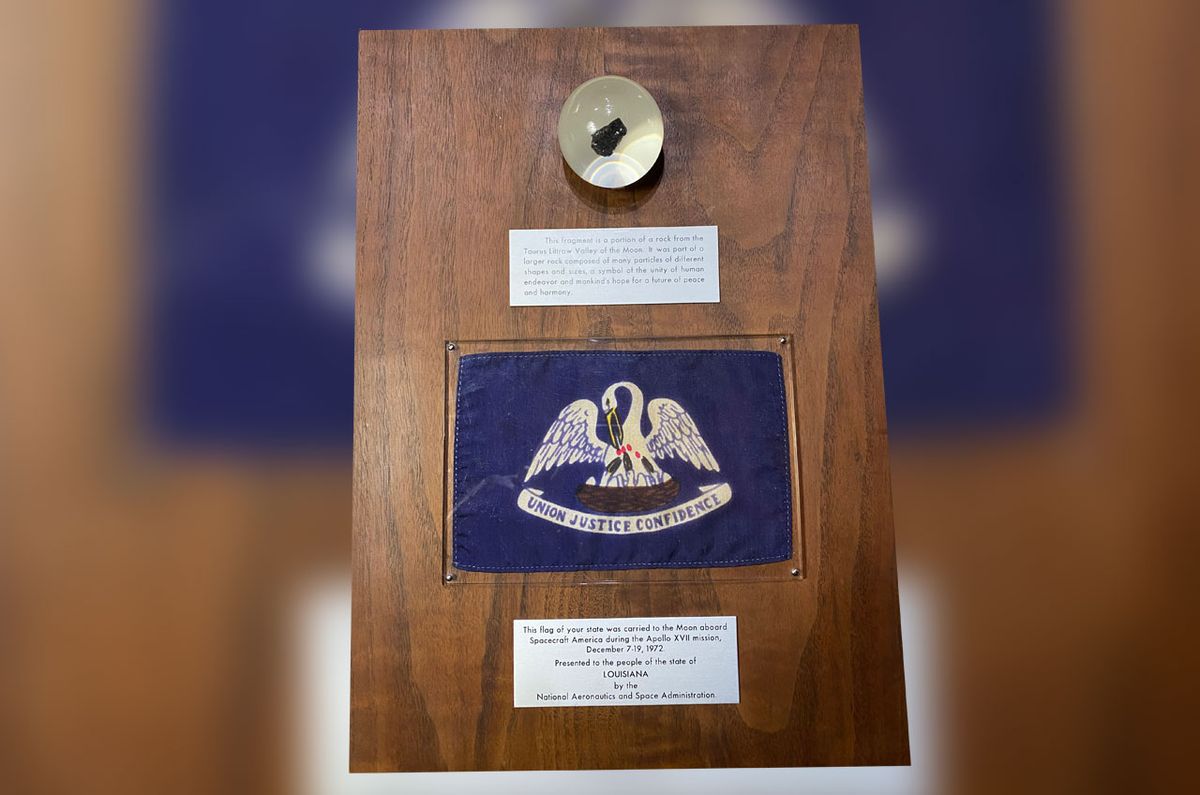 Louisiana&#039;s Apollo 17 goodwill moon rock display was returned to the state after being purchased by a gun collector at a Florida garage sale for its wooden plaque.