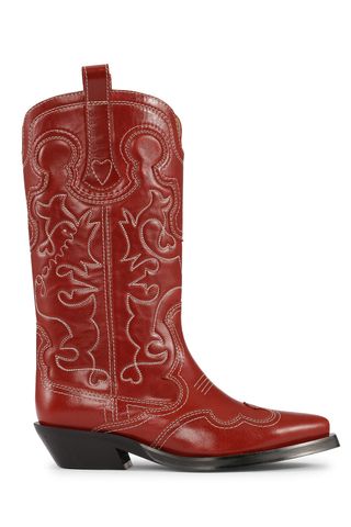 GANNI , Red Mid Shaft Embroidered Western Boots