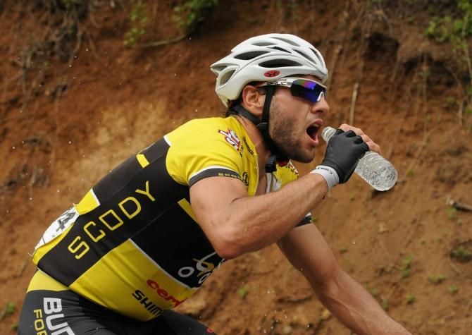 Jake Kauffmann (Budget Forklifts) keeps himself hydrated en route to Lake Singkarak