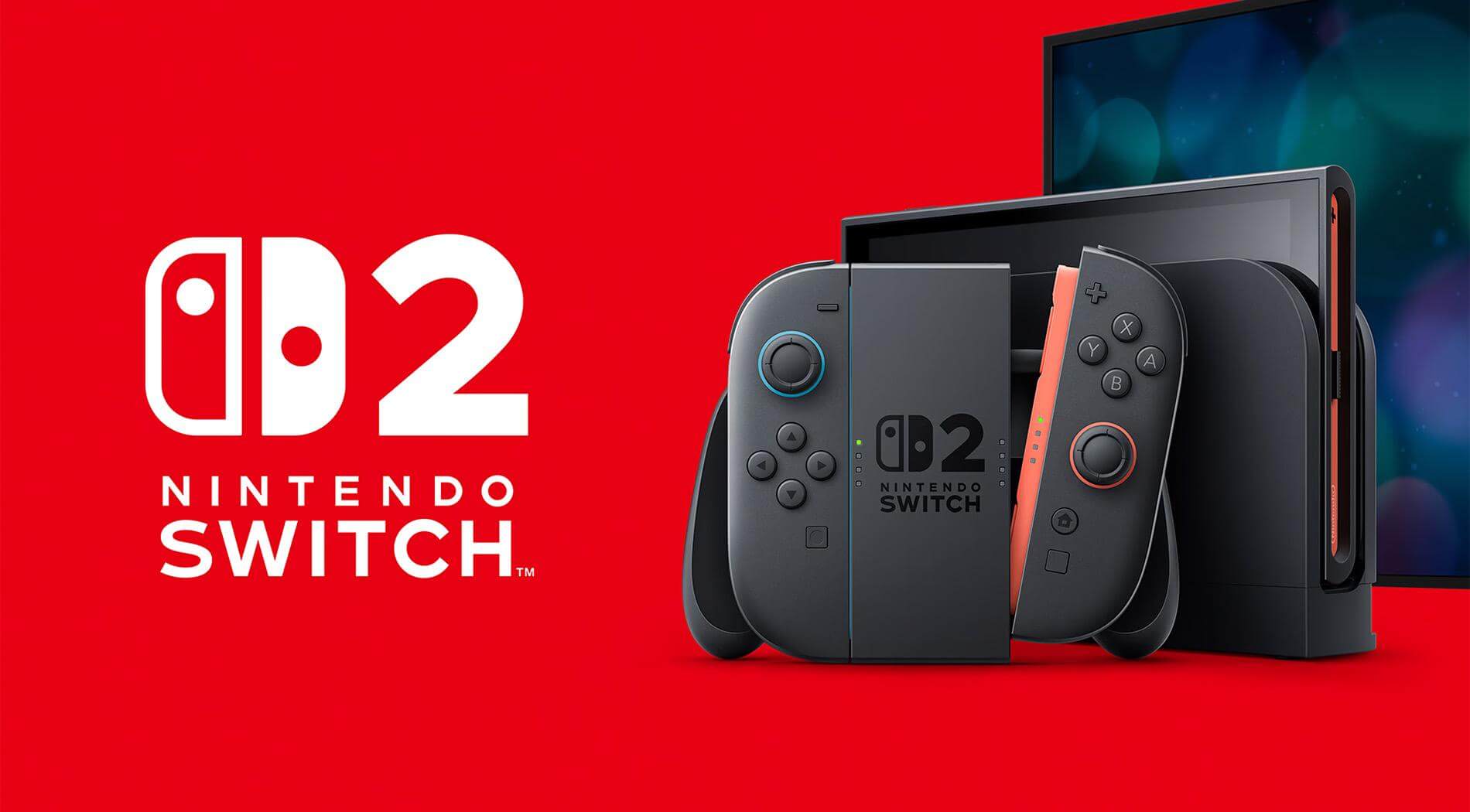 The Nintendo Switch 2 console with the joy con controllers against a red background and the Nintendo Switch 2 logo in white