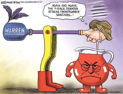 Political Cartoon U.S. Warren pecking Bernie Kool-Aid man South Carolina