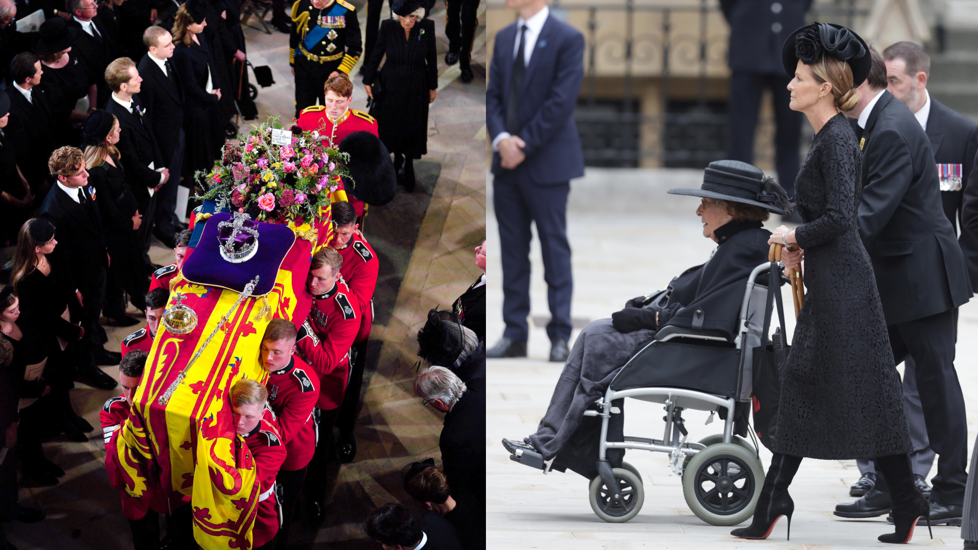 Queen Elizabeth's coffin being carried at Westminster Abbey; India Hicks walking behind Lady Pamela Hicks in a wheelchair at Queen Elizabeth's funeral