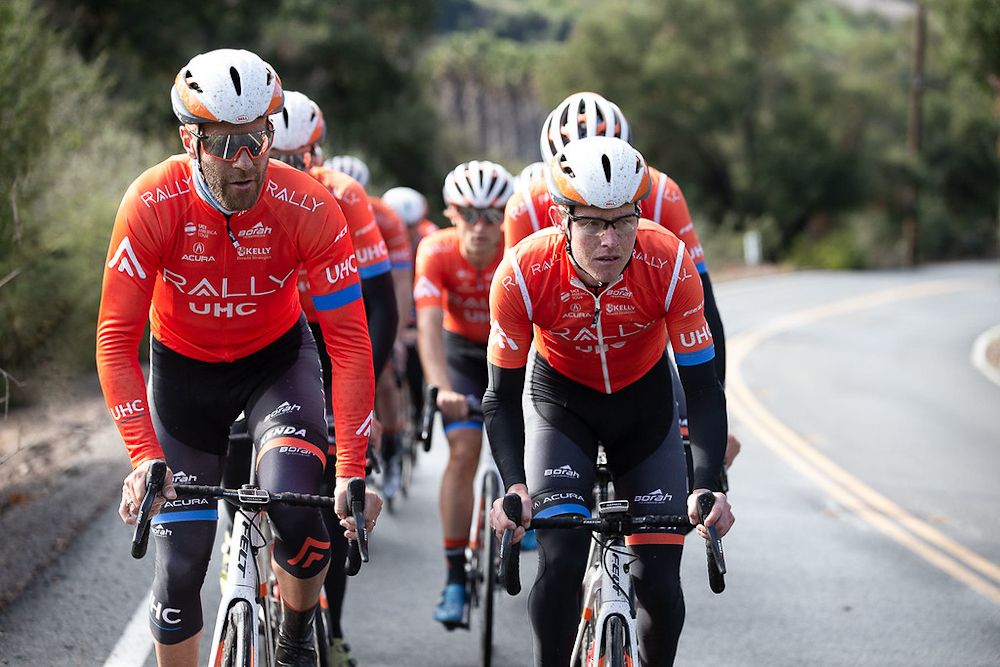 Svein Tuft and Gavin Mannion on the front of the group during a Rally UHC training ride