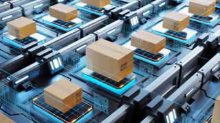 Cardboxes on an assembly line with QR codes and digital scanning technology visible
