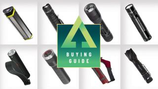 Collage of eight of the best camping flashlights on white background