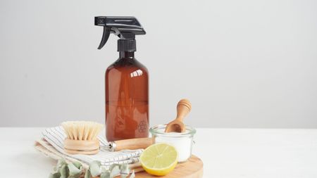 Citric acid with wooden scoop, brown glass spray bottle, lemon and brush