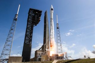 A United Launch Alliance Atlas V rocket launches from a pad at Cape Canaveral Air Force Station, Florida to send the Orbital ATK Cygnus spacecraft S.S. John Glenn on a NASA cargo delivery mission to the International Space Station on April 18, 2017.