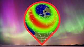 map showing the possible visibility of the northern lights over the US. in the background are vivid green and magenta auroras.