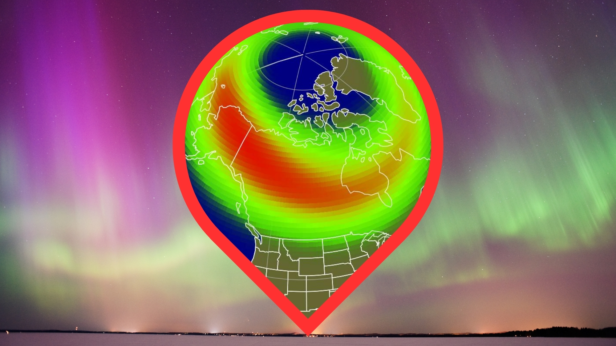 map showing the possible visibility of the northern lights over the US. in the background are vivid green and magenta auroras.