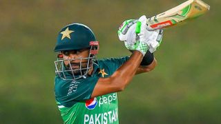 Pakistan's captain Babar Azam plays a shot ahead of the start of the 2023 Asia Cup live stream.